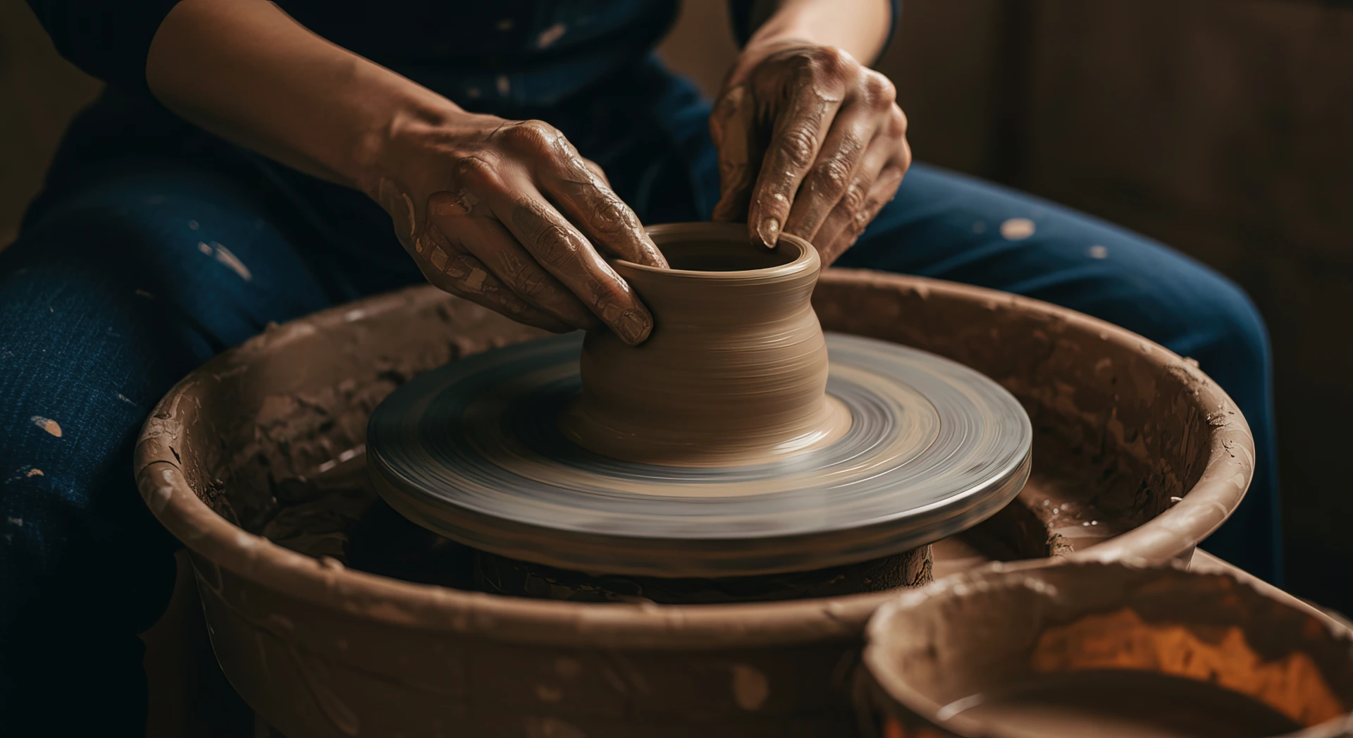 A close-up of a potter's clay-covered hands delicately shaping a handcrafted ceramic vessel on a spinning wheel, capturing the essence of authentic craftsmanship and raw materials.
