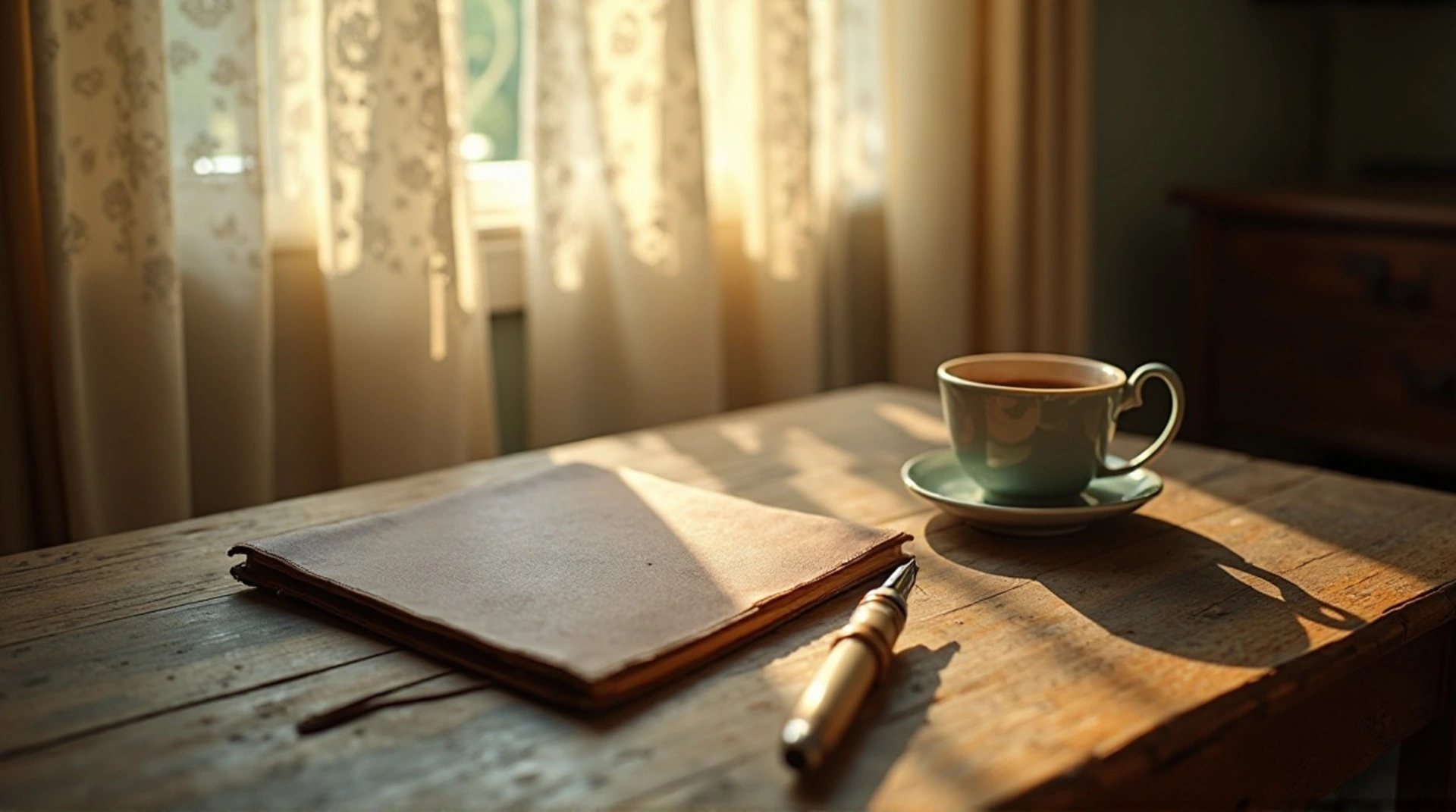 A rustic wooden table bathed in soft, natural daylight filtering through sheer curtains, highlighting the textures of linen and cotton. A handcrafted GRAMMA journal with a pen and a teacup, creating an atmosphere of tranquility and well-being. The image exudes wellness and the connection to natural materials.