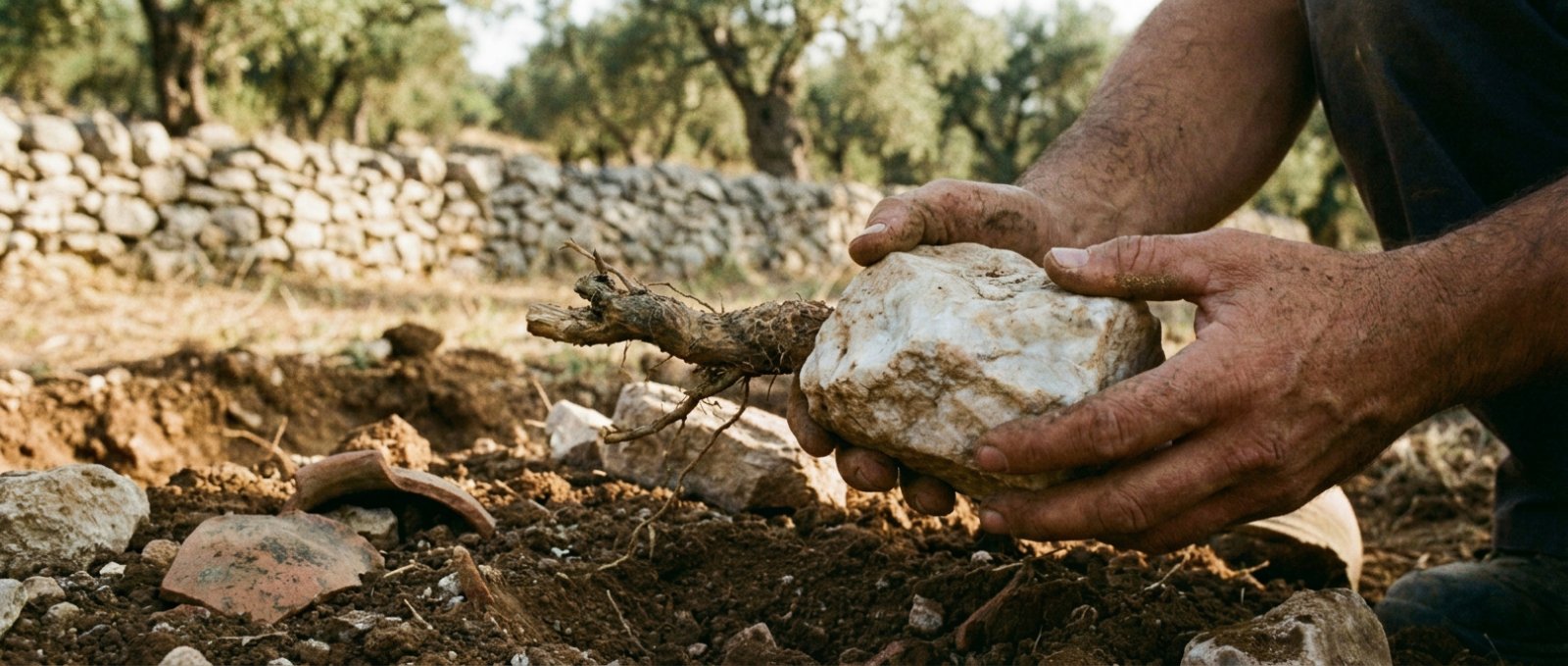 Artisan hands holding a large white stone and a root over the soil, with a traditional dry stone wall and olive trees in the background.