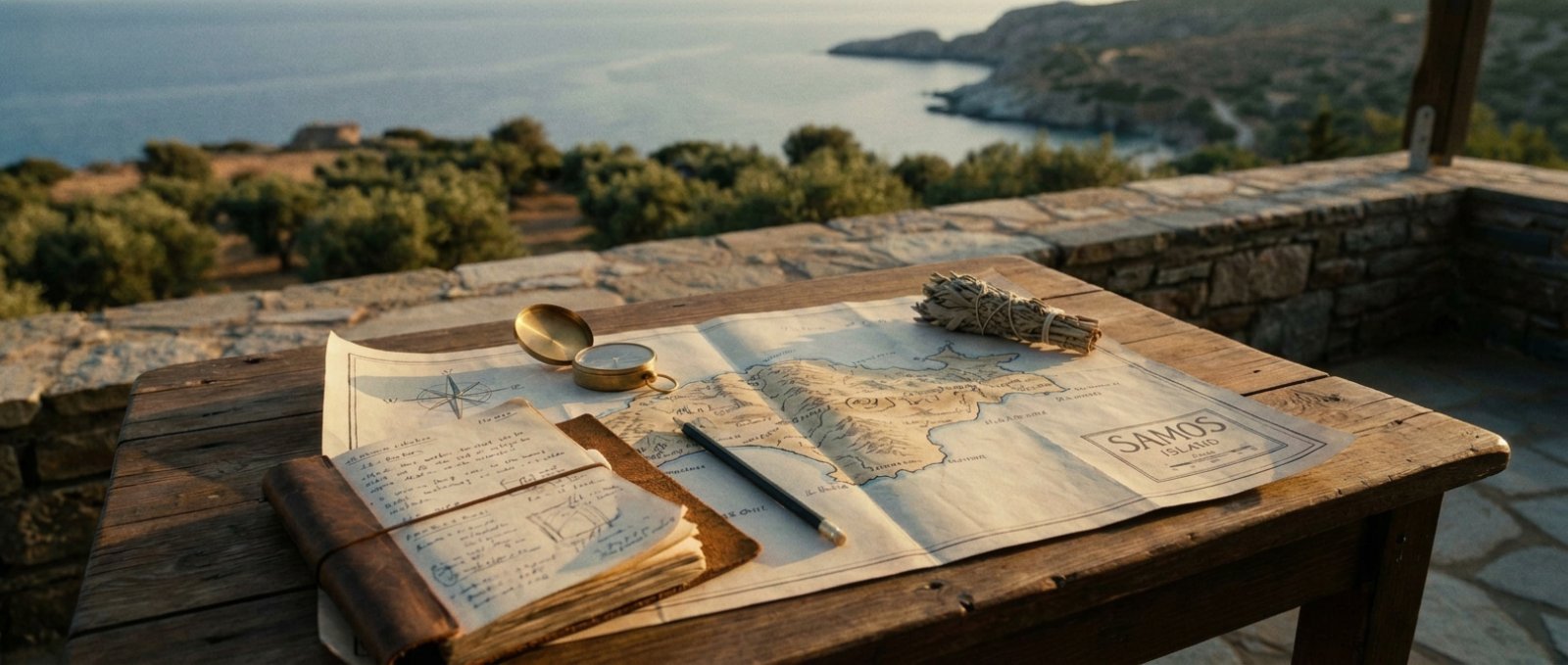 Map of Samos island, golden compass, and leather journal on a wooden table overlooking the Aegean sea and olive groves.