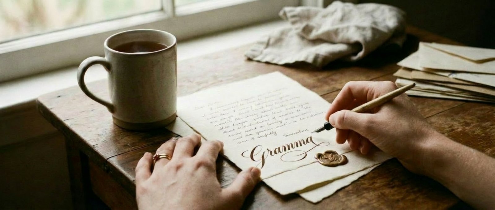 Hand writing "Gramma" in calligraphy on handmade paper with a wax seal, next to a ceramic tea mug and stationery envelopes.