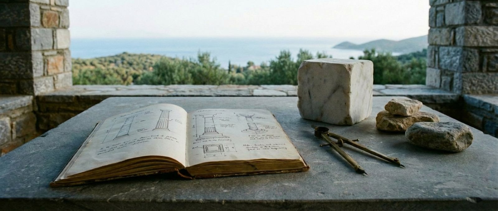 Antique book with architectural column sketches, a marble cube, and a brass compass on a stone table overlooking the sea.