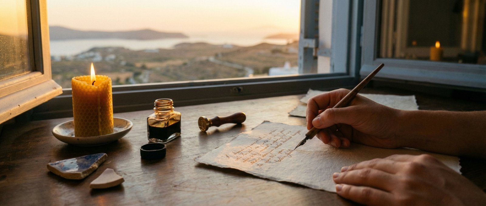 Hand writing with a quill on handmade paper, next to a beeswax candle and ink, with a sunset sea view through a window.