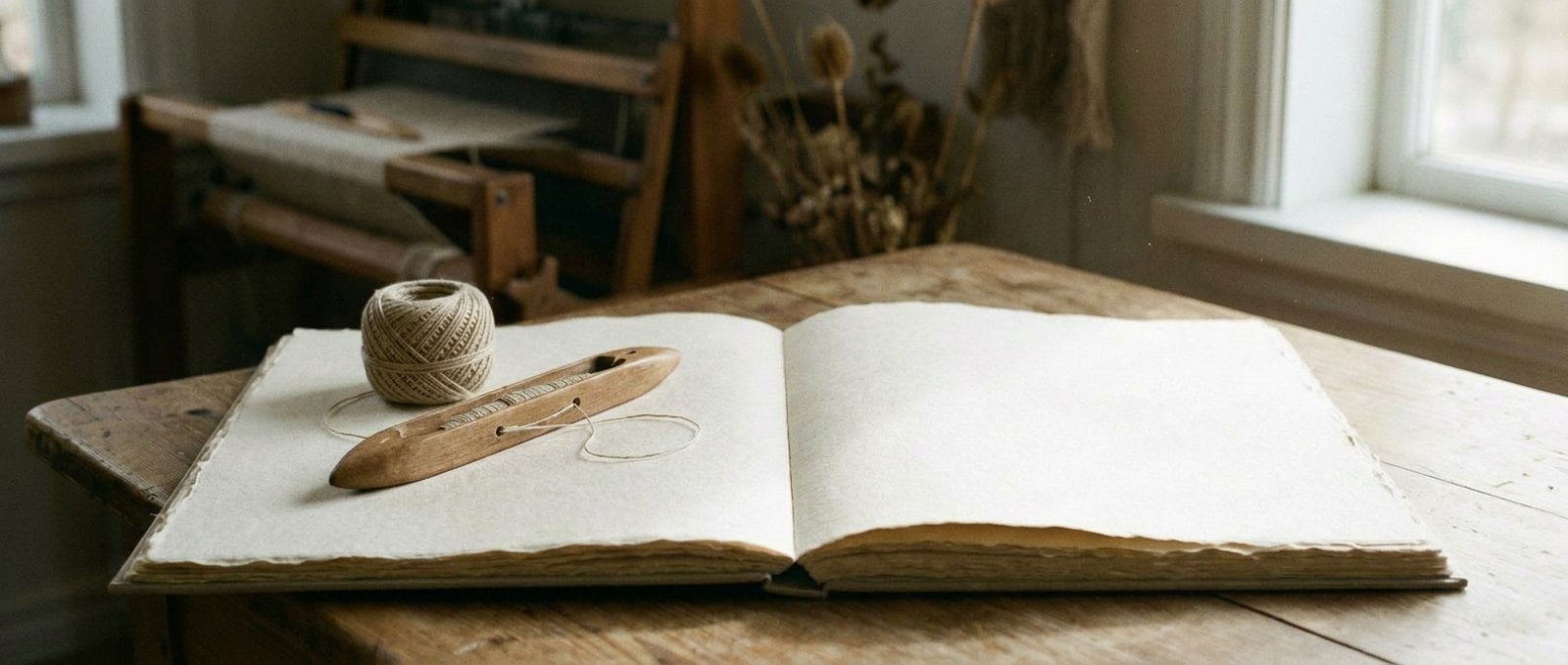 Open handmade journal on a wooden table with a wooden weaving shuttle and yarn ball, in front of a traditional loom.