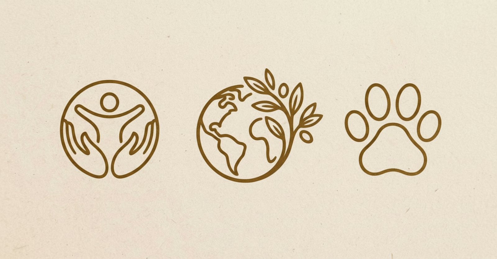 Three minimal line-art icons in earthy tones representing GRAMMA's pillars: People, Nature, and Animals, on a craft paper texture background.