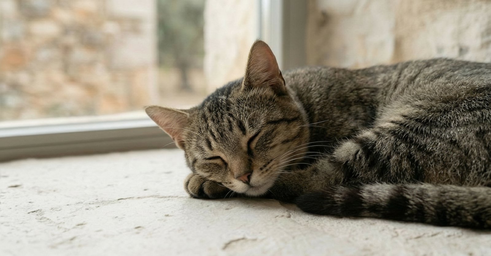 A grey tabby cat sleeping peacefully curled up on a natural stone surface.