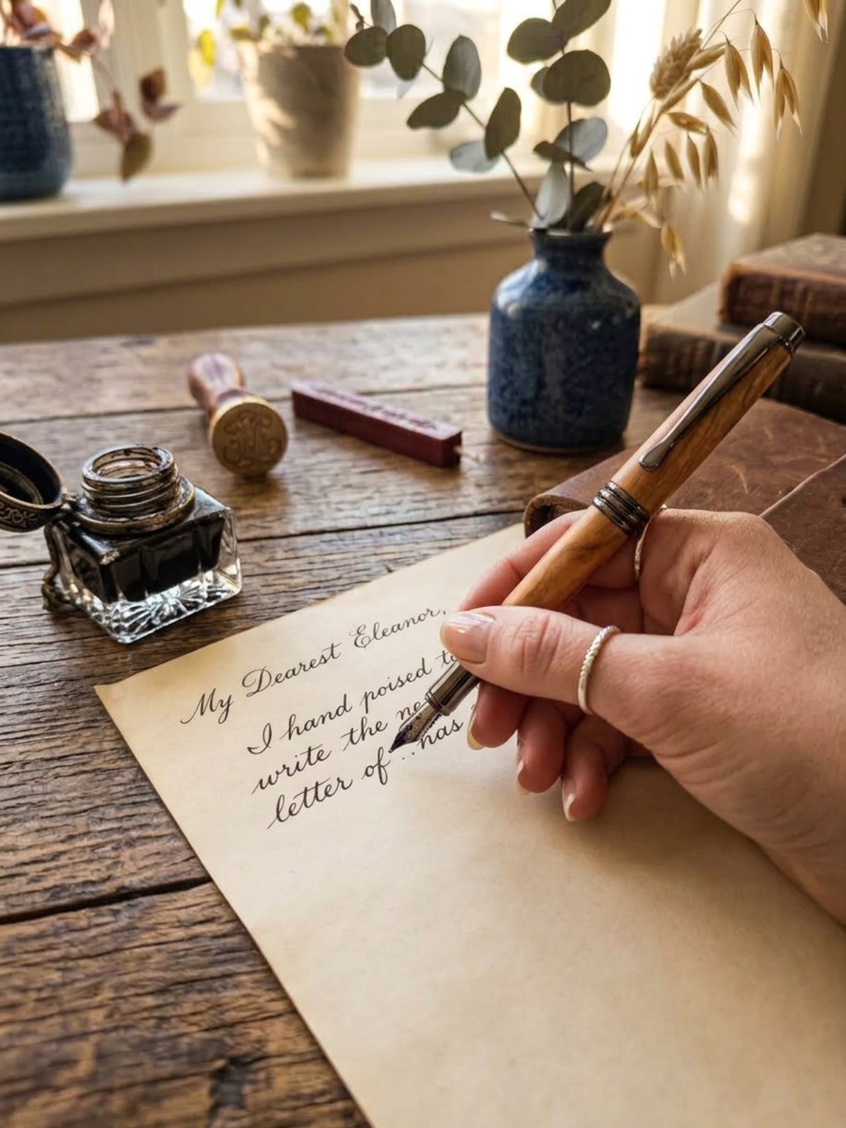 Κοντινή λήψη των χεριών μιας γυναίκας που κρατούν μια χειροποίητη πένα από ξύλο ελιάς με μαύρα μεταλλικά στοιχεία, καθώς γράφει σε ένα vintage χαρτί. Στο φόντο διακρίνονται ένα μελανοδοχείο, μια σφραγίδα και ένα βάζο με ευκάλυπτο.