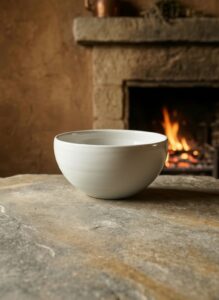 Handmade white ceramic bowl by GRAMMA with a minimal design, resting on a rough stone surface in front of a lit fireplace.