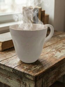 Handmade white ceramic cup by GRAMMA filled with a steaming hot drink, resting on a wooden table with warm, atmospheric lighting.