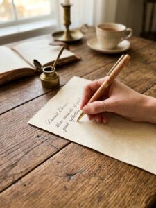 Close-up of a woman's hands writing on vintage paper using a handcrafted GRAMMA olive wood fountain pen with gold accents. An inkwell and desk accessories are visible in an atmospheric background.