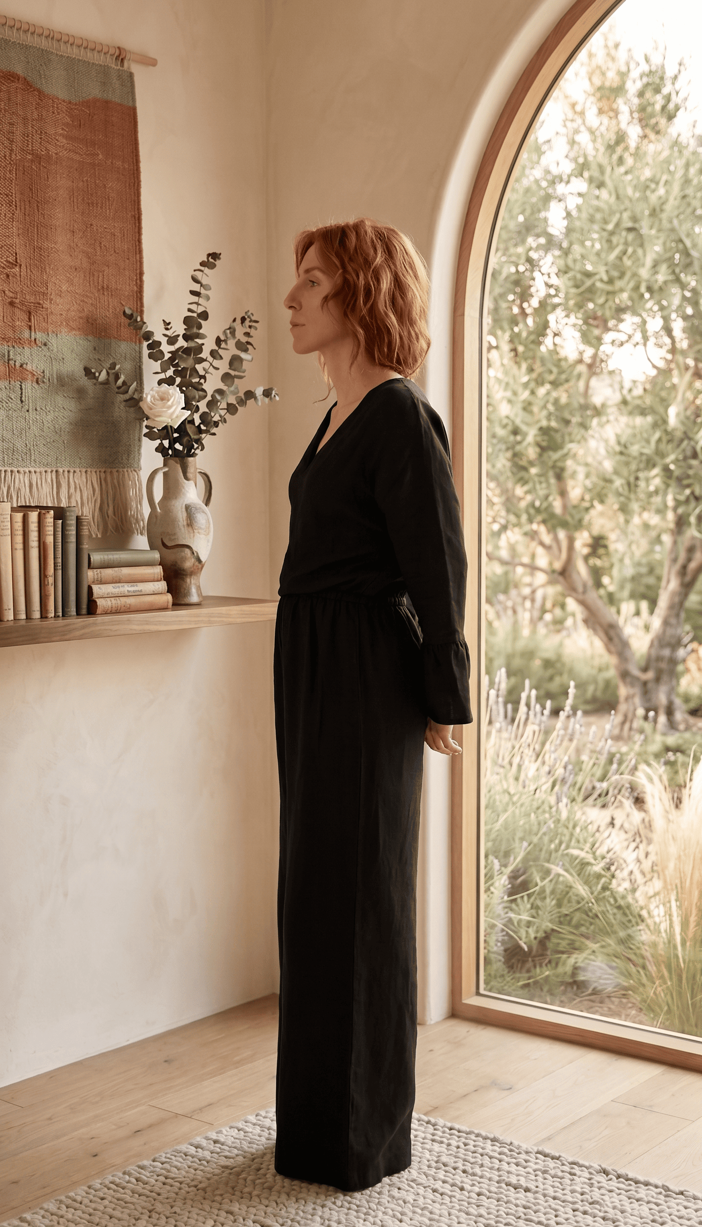 Lifestyle interior photography in natural light. A woman wearing the black Isichastirio jumpsuit, capturing the essence of quiet luxury and serenity