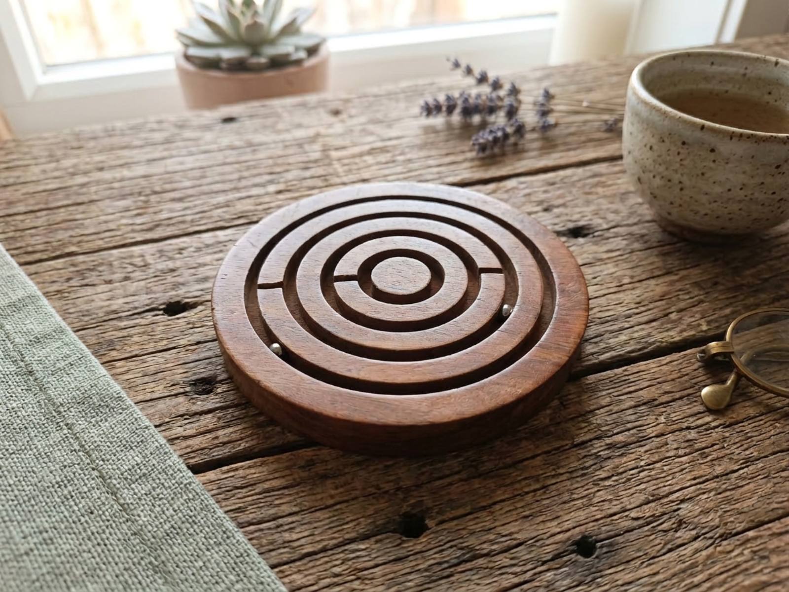 Ξύλινος λαβύρινθος GRAMMA από ξύλο ελιάς τοποθετημένος πάνω σε παλαιωμένο ξύλινο τραπέζι, με φόντο ένα ανοιχτό παράθυρο που λούζει το αντικείμενο με φυσικό φως.