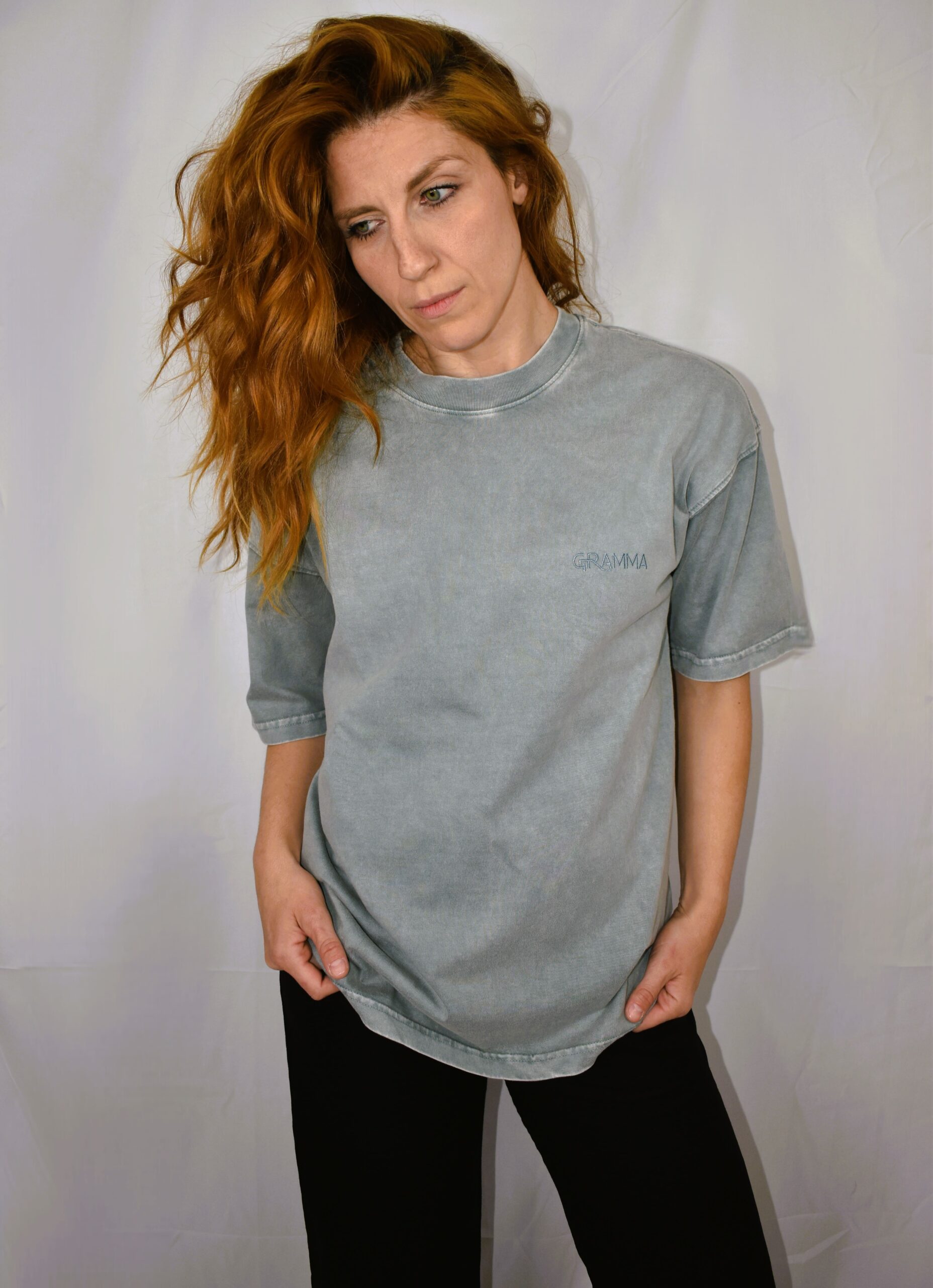 GRAMMA Signature Oversized T-shirt in Stone Washed Grey, 100% cotton, featuring the embroidered logo on the heart and the "GR" monogram on the back of the neck.