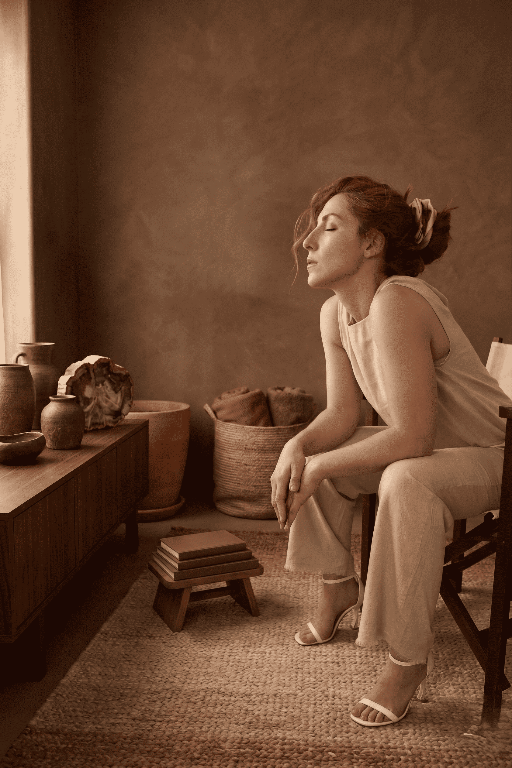 Atmospheric shot in an earthy interior featuring a woman wearing the beige Isichastirio set, capturing the sense of serenity and interiority that GRAMMA represents.