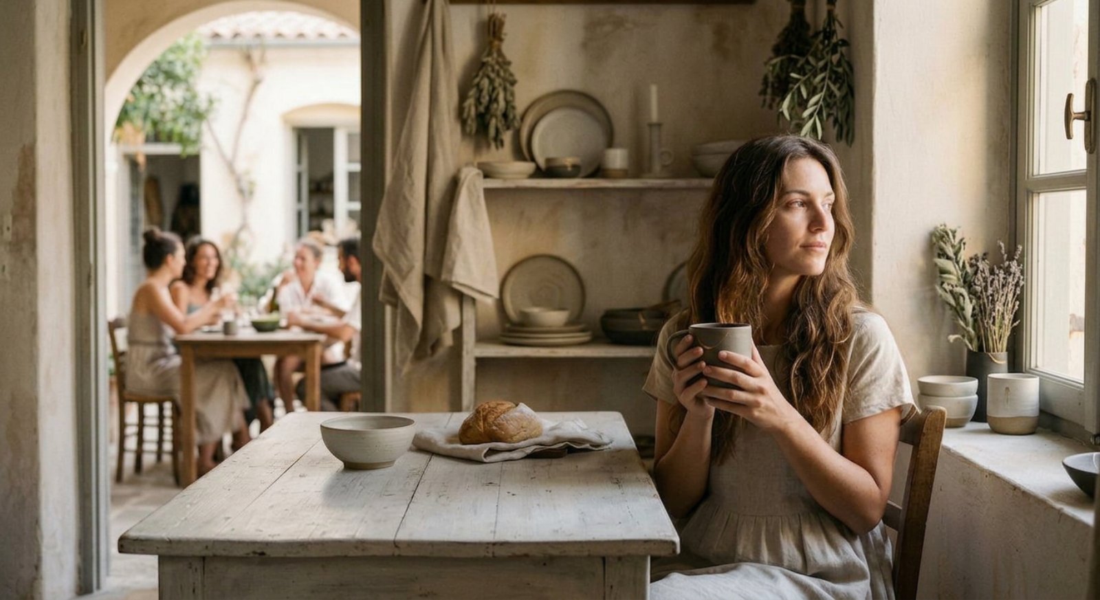A woman in a linen dress sits at a rustic wooden table, holding a handmade GRAMMA ceramic mug. She is gazing calmly out of the window, while a group of people dining is visible in the background. The image captures the essence of "Isichastirio," blending personal tranquility with the collective experience of the dining ritual.