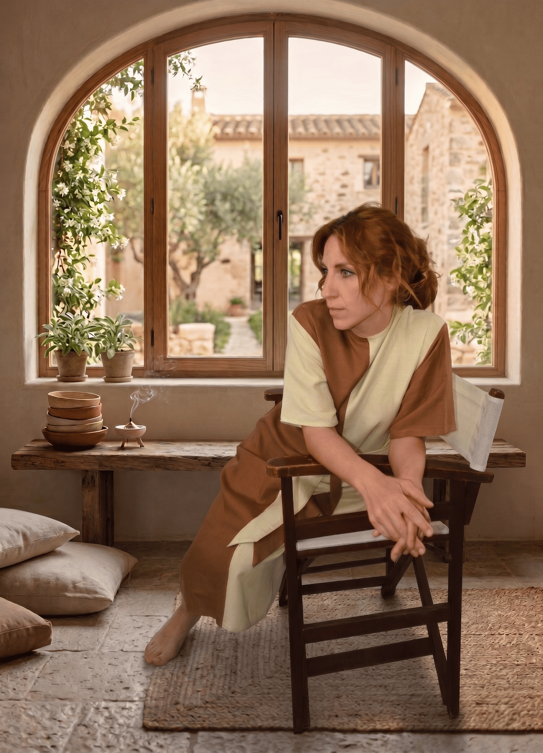Lifestyle photography in an interior with earthy tones, featuring a woman wearing the Isichastirio Double Dress seated in a wooden chair in front of a large arched window.