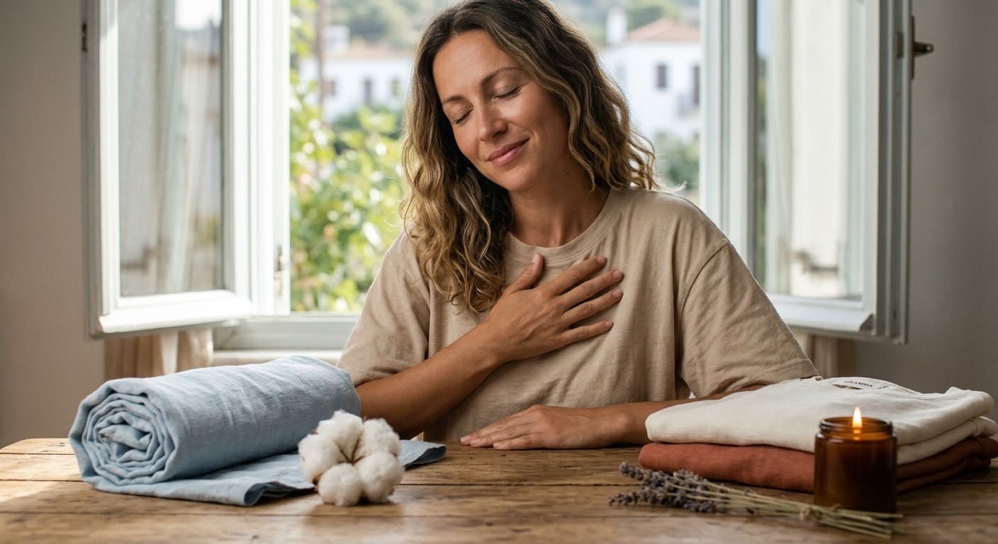 A woman with closed eyes, feeling the comfort of a GRAMMA T-shirt in a sand-beige color. On the table in front of her, there are raw linen, natural cotton, and a lit GRAMMA candle. The image exudes calm and well-being, highlighting natural fabrics and well-being.