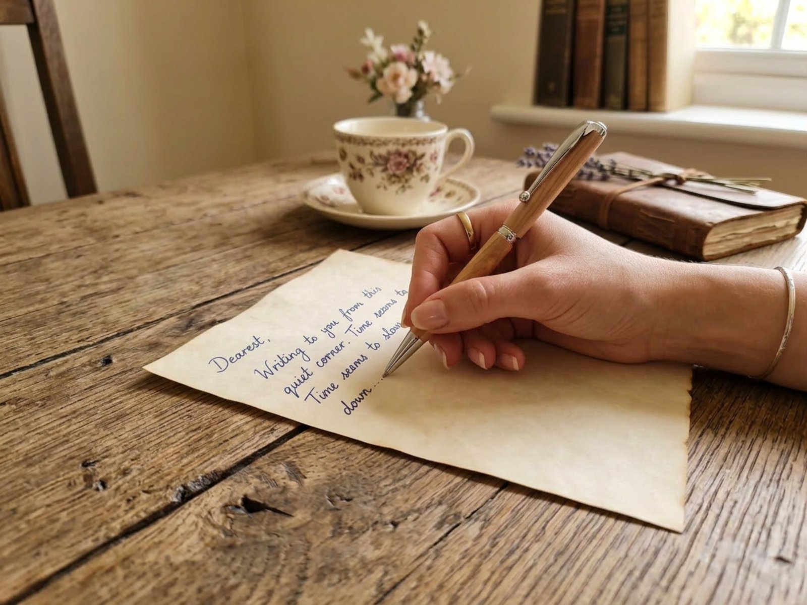 Κοντινή λήψη των χεριών μιας γυναίκας που κρατούν το χειροποίητο στυλό GRAMMA από ξύλο ελιάς με ασημένια στοιχεία, καθώς γράφει σε ένα vintage σημειωματάριο, αποτυπώνοντας τις σκέψεις της.