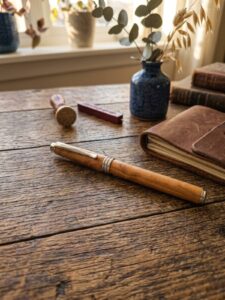 Handcrafted GRAMMA olive wood fountain pen with silver accents, placed on a rustic wooden desk next to a leather journal and a wax seal stamp, in atmospheric natural lighting.