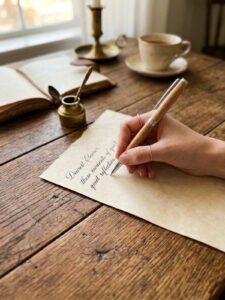 Close-up of a woman's hands writing on vintage paper using a handcrafted GRAMMA olive wood fountain pen with silver accents. An inkwell and desk accessories are visible in an atmospheric background.