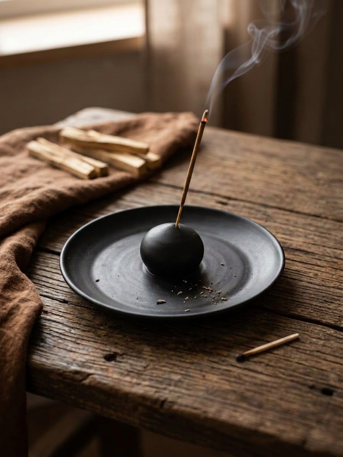 A close-up of a minimal, black ceramic GRAMMA incense holder in a disc shape, placed on an aged, rustic wooden table. A lit incense stick is secured in the central sphere, with smoke gently rising.