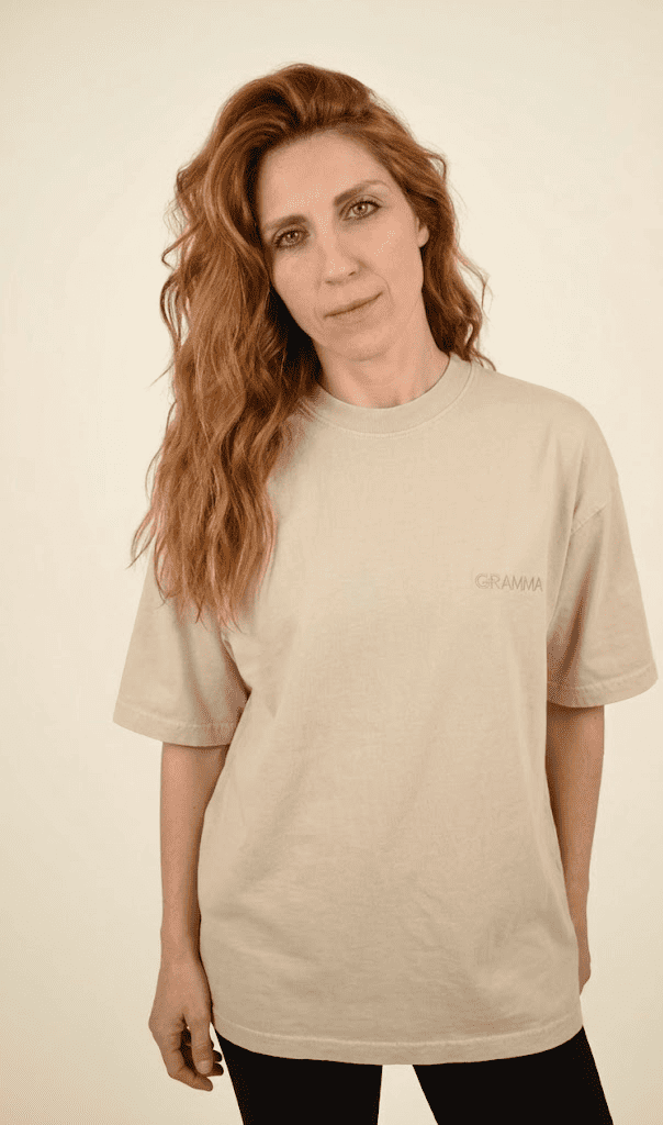 GRAMMA Signature Oversized T-shirt in Sand, 100% cotton, featuring the embroidered logo on the heart and the "GR" monogram on the back of the neck.