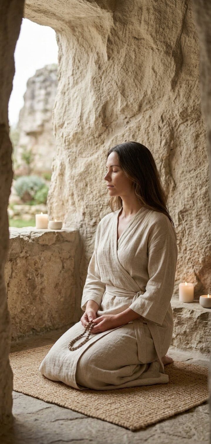 A woman in a meditative pose with eyes closed, kneeling on a woven mat inside a rustic stone cave. She is wearing a premium GRAMMA linen outfit in a natural beige tone and holding a wooden rosary. In the background, lit candles rest on a stone ledge, overlooking a lush green garden.