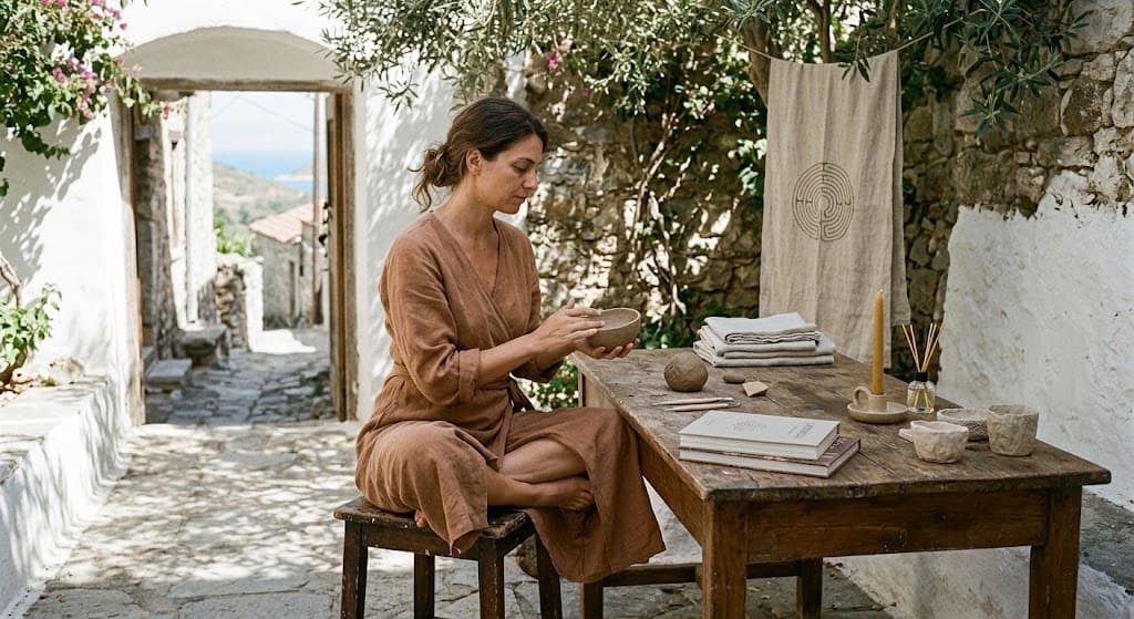 A woman in an earthy-toned linen garment sits on a wooden stool, shaping a clay bowl with her hands in a traditional, stone courtyard with olive trees in Pagondas, Samos. On the antique wooden table are items of GRAMMA: stacked linen fabrics, a "Sanctuary" candle, a diffuser, a "Labyrinth" book, and a hanging linen cloth with the labyrinth symbol. Sunlight filters through the leaves, creating a sense of tranquility and authenticity.
