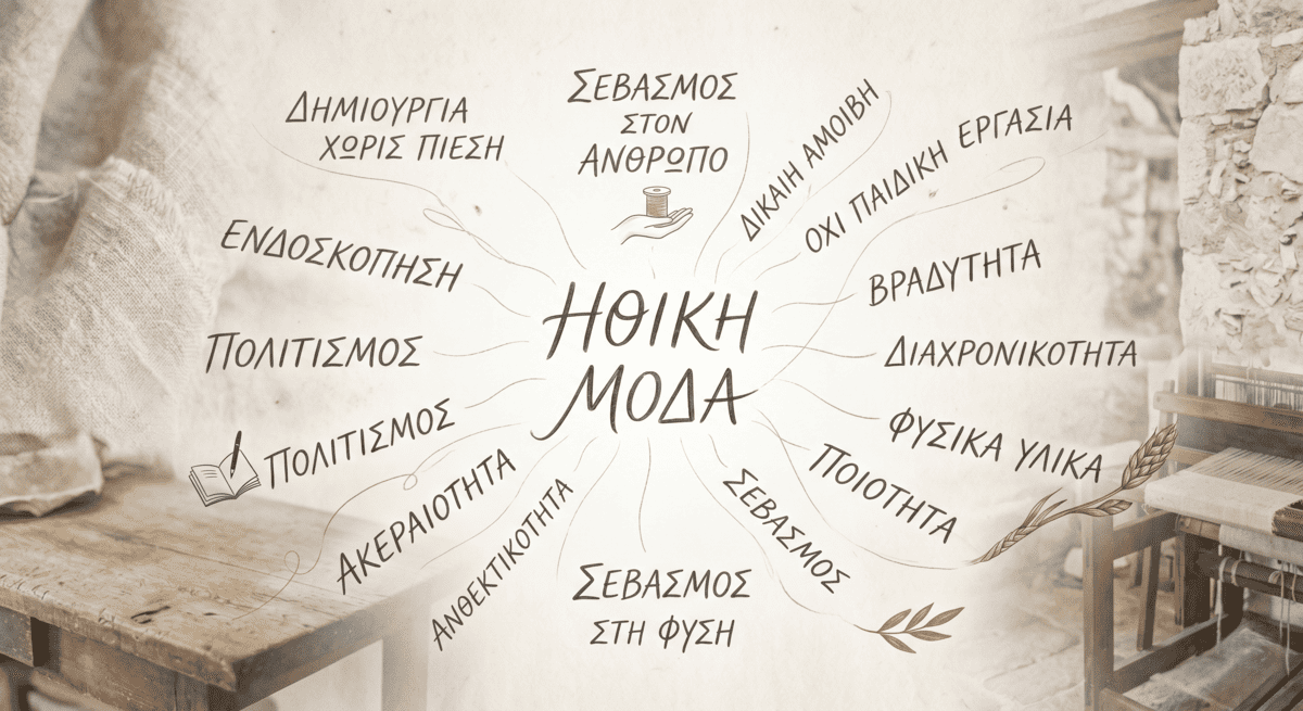 A hand-drawn concept map diagram centered around the large, handwritten Greek text "ΗΘΙΚΗ ΜΟΔΑ" (Ethical Fashion). Lines radiate from the center, connecting to smaller handwritten Greek words and phrases defining the term. On the left side: "ΔΗΜΙΟΥΡΓΙΑ ΧΩΡΙΣ ΠΙΕΣΗ" (Creation Without Pressure), "ΕΝΔΟΣΚΟΠΗΣΗ" (Introspection), "Πολιτισμός" (Culture - written twice, once with a small book and pen icon), "ΑΚΕΡΑΙΟΤΗΤΑ" (Integrity), "ΑΝΘΕΚΤΙΚΟΤΗΤΑ" (Durability). In the center, above and below the main text: "ΣΕΒΑΣΜΟΣ ΣΤΟΝ ΑΝΘΡΩΠΟ" (Respect for Human - with an icon of a hand holding a thread spool), "ΣΕΒΑΣΜΟΣ ΣΤΗ ΦΥΣΗ" (Respect for Nature). On the right side: "ΔΙΚΑΙΗ ΑΜΟΙΒΗ" (Fair Pay), "ΟΧΙ ΠΑΙΔΙΚΗ ΕΡΓΑΣΙΑ" (No Child Labour), "ΒΡΑΔΥΤΗΤΑ" (Slowness), "ΔΙΑΧΡΟΝΙΚΟΤΗΤΑ" (Timelessness), "ΦΥΣΙΚΑ ΥΛΙΚΑ" (Natural Materials), "ΠΟΙΟΤΗΤΑ" (Quality), "ΣΕΒΑΣΜΟΣ" (Respect - with an olive branch icon). The background is a vintage setting featuring a rustic wooden table, linen cloth on the left, and a traditional handloom and stone wall on the right, all in soft, earthy tones.