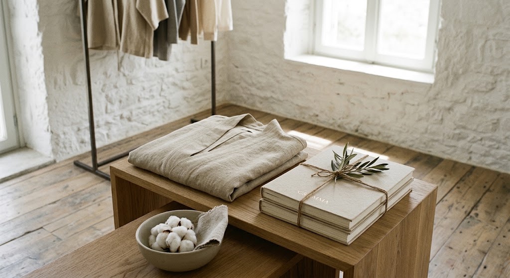 The image captures the core philosophy of the GRAMMA Cultural House. Placed on natural wood, the organic linen garment harmoniously coexists with the handcrafted books—bound with natural twine and adorned with an olive branch—and raw cotton. Against the backdrop of white stone walls that exude the tranquility of Pagondas, Samos, the composition does not merely display merchandise, but a living "Dynamic Chapter". It serves as the ideal visual proposition (merchandising) for how partner Concept Stores can curate their space, transforming a simple sale into a multisensory experience of Slow Living and Sartorial Storytelling.